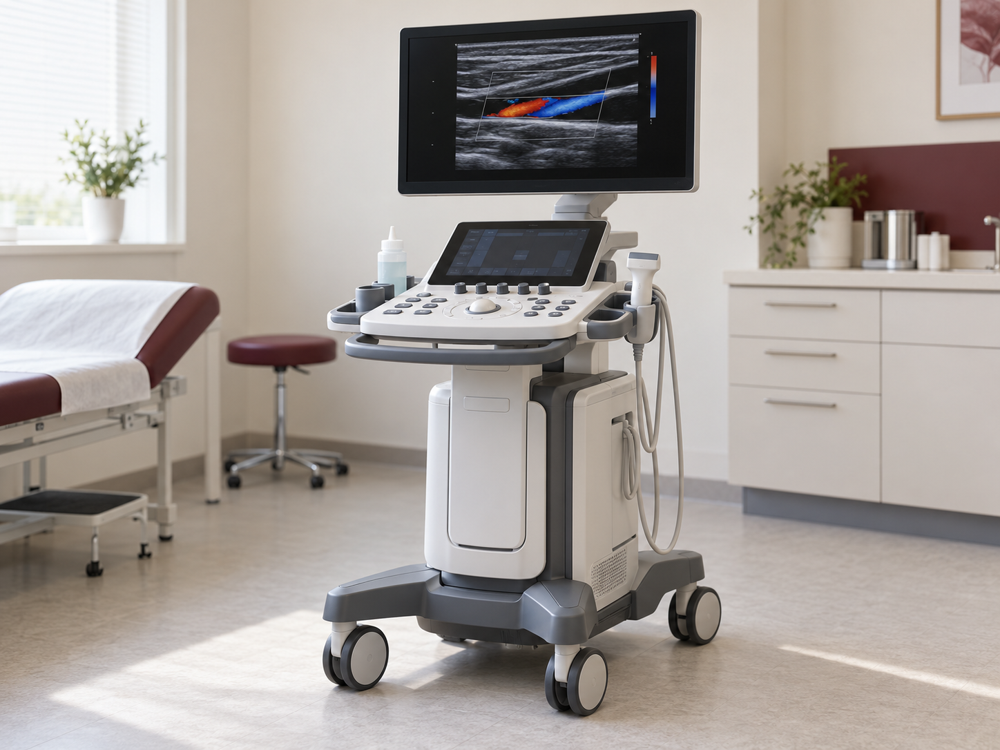 Ekranında renkli Doppler görüntüsü bulunan ultrason cihazının temsili görseli
